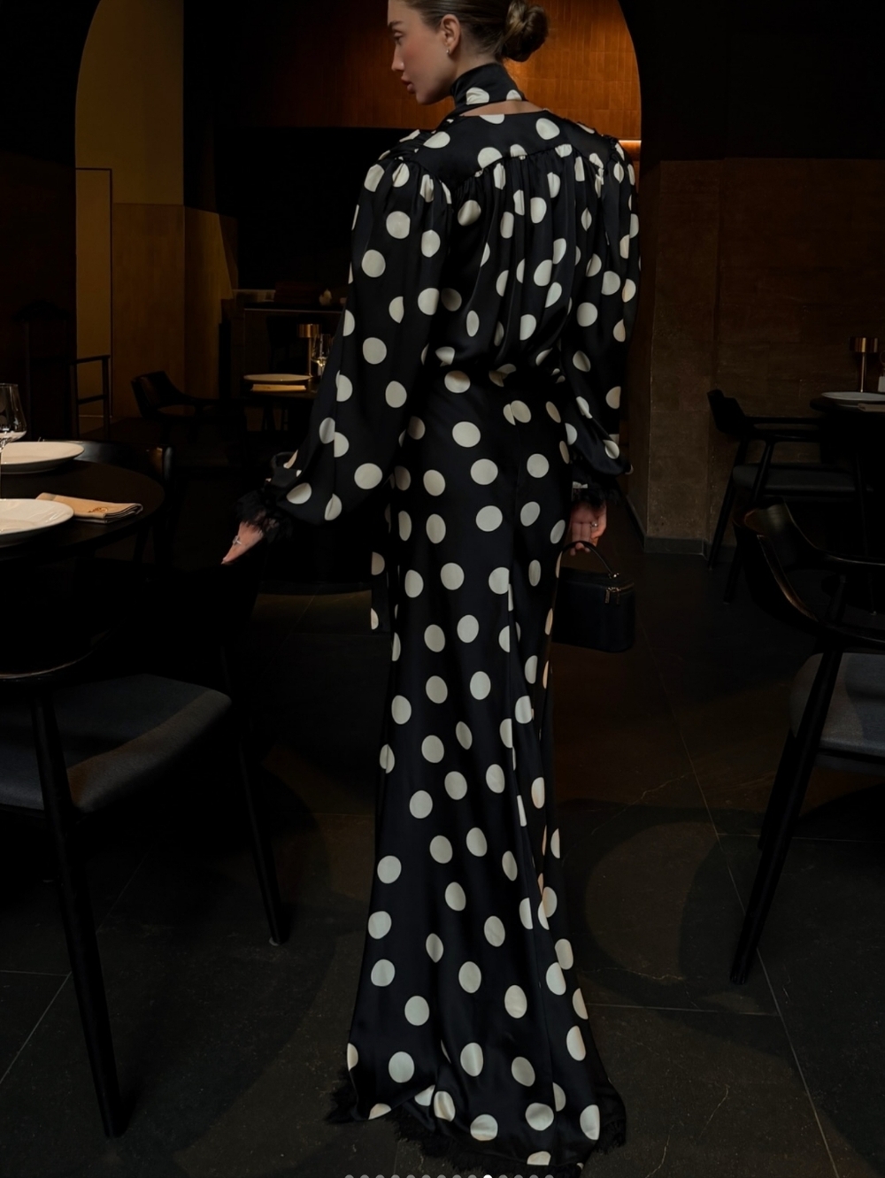 Polka Dot Dress Print Hanging Neck V-neck Bubble Sleeve Cinched Waist Fish Tai - Picture 6 of 12